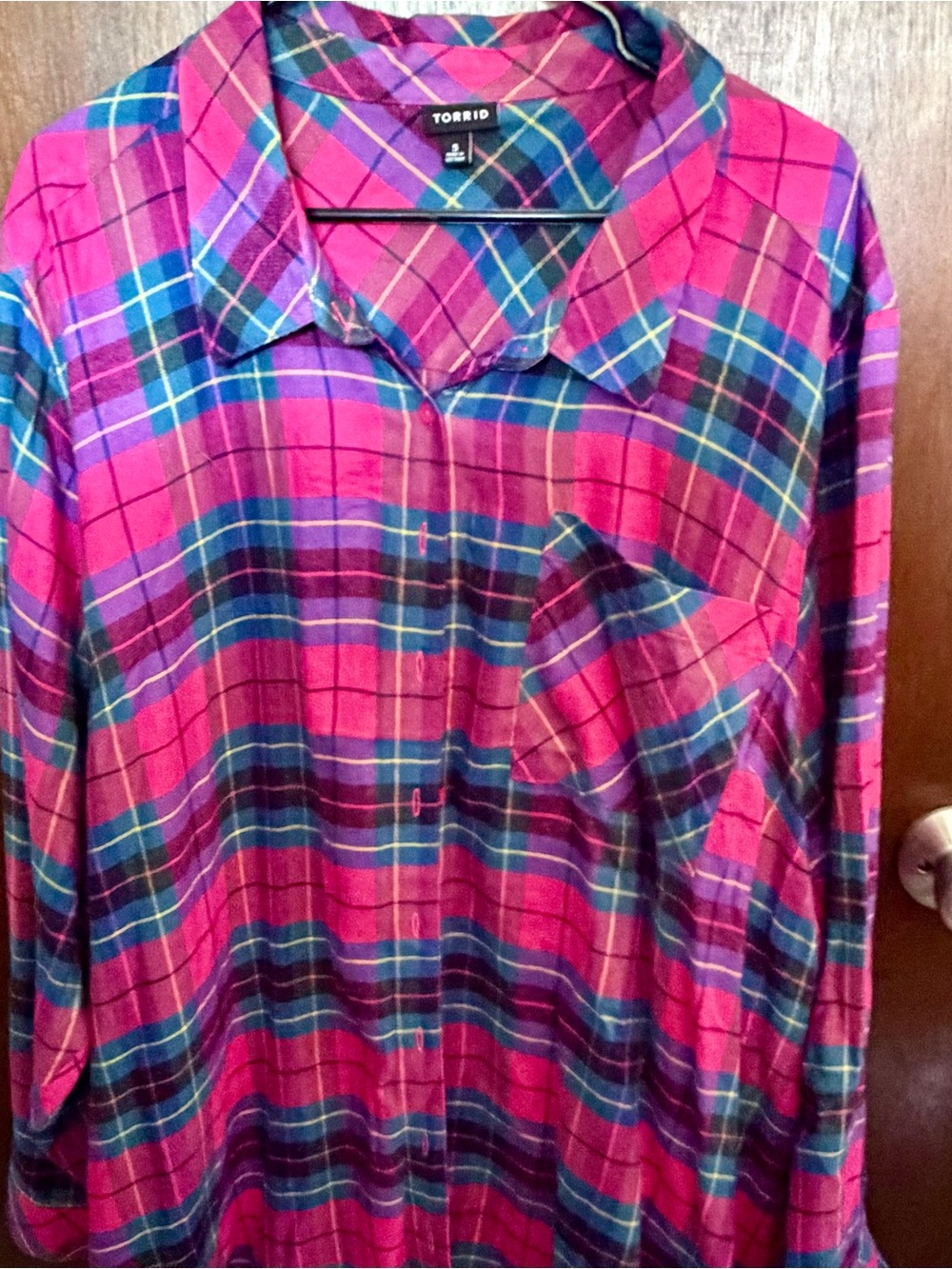 TORRID Bright Pink Blue Plaid Button Down Shirt Top Size 5 / 5X